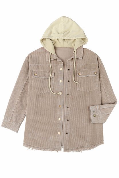 Patchwork Hooded Corduroy Shacket | Khaki