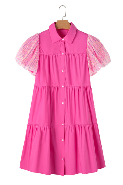 Sequined Bubble Sleeve Tiered Ruffled Shirt Dress | Bonbon