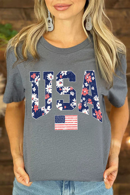 Blooming Usa Flag Print Casual T Shirt | Gray