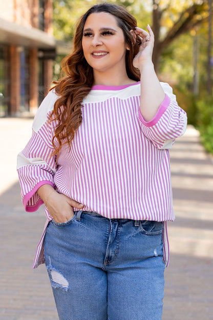 Patchwork Bracelet Sleeve Plus Size T Shirt | Pink Stripe