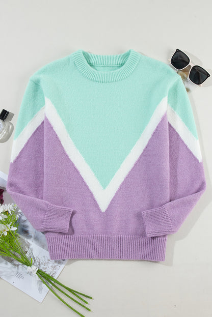 Chevron Colourblock Ribbed Knit Drop Shoulder Sweater | Green