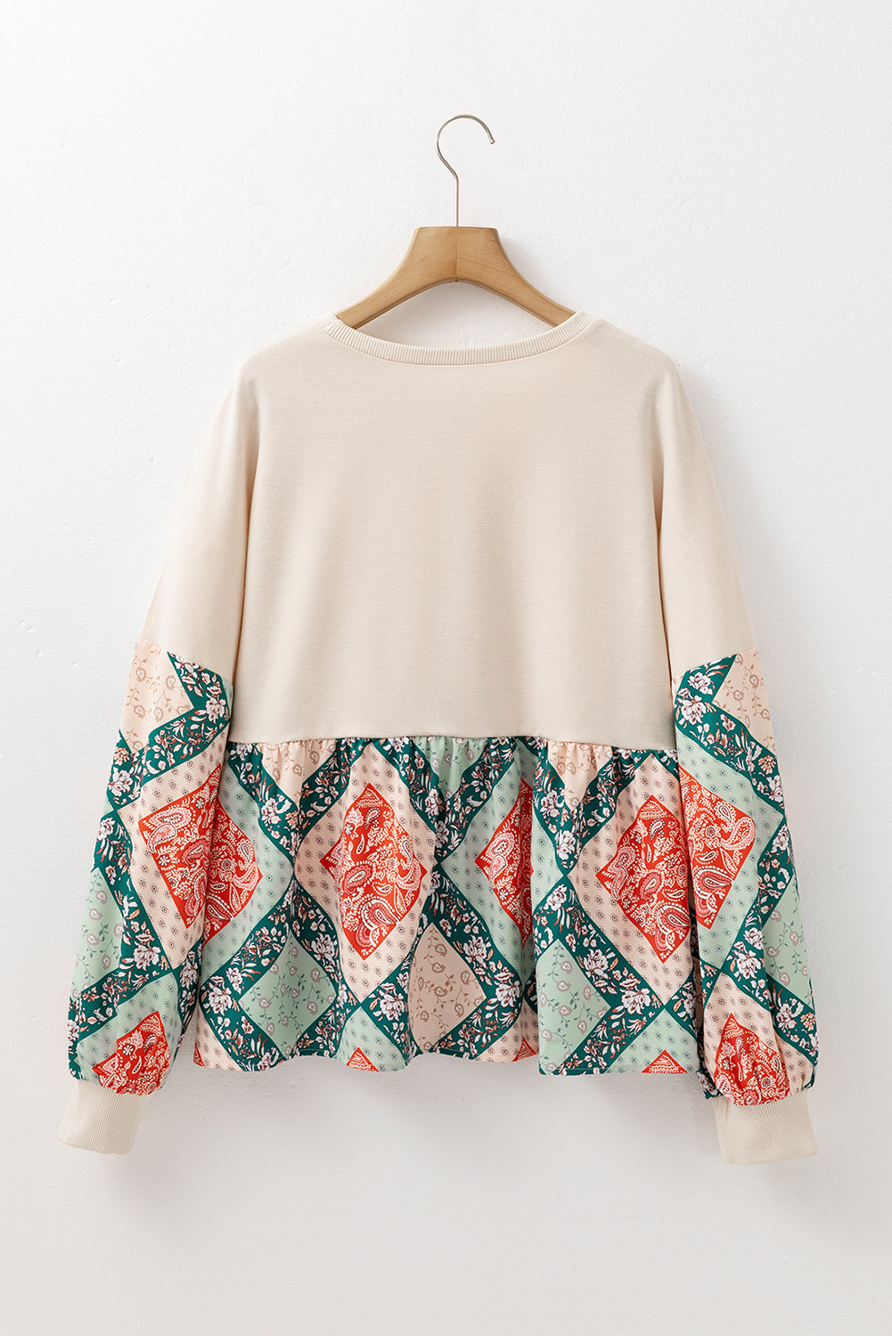 Paisley Geometric Patchwork Crew Neck Loose Fit Top | Jet Stream