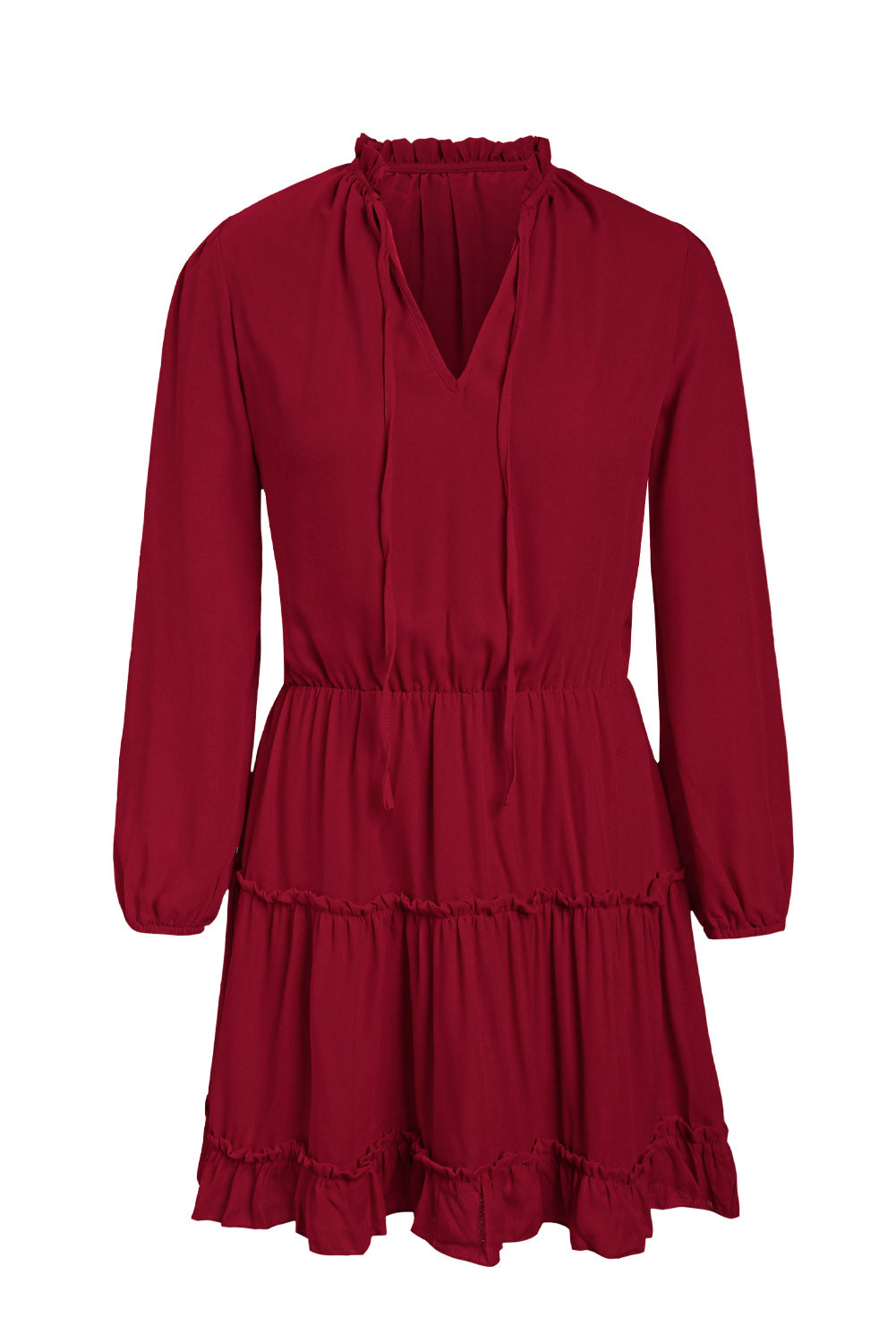 V Neck Long Sleeve Ruffle Tiered Mini Dress | Red