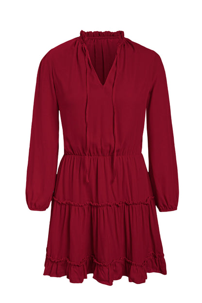 V Neck Long Sleeve Ruffle Tiered Mini Dress | Red