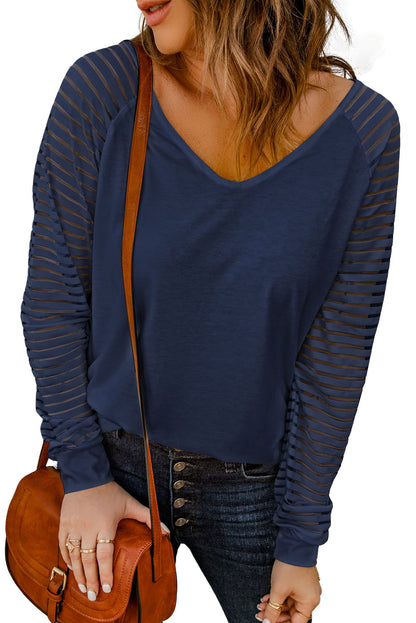 Sheer Stripe V-Neck Top | Blue