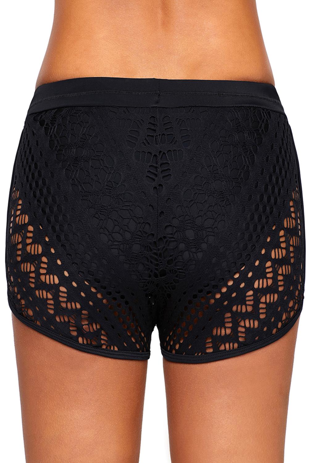 Hollow Out Lace Overlay Swim Short Bottom | Black