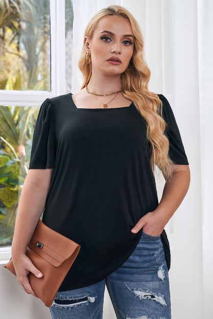 Plus Size Square Neck Ruched Shoulder Short Sleeve Top | Black