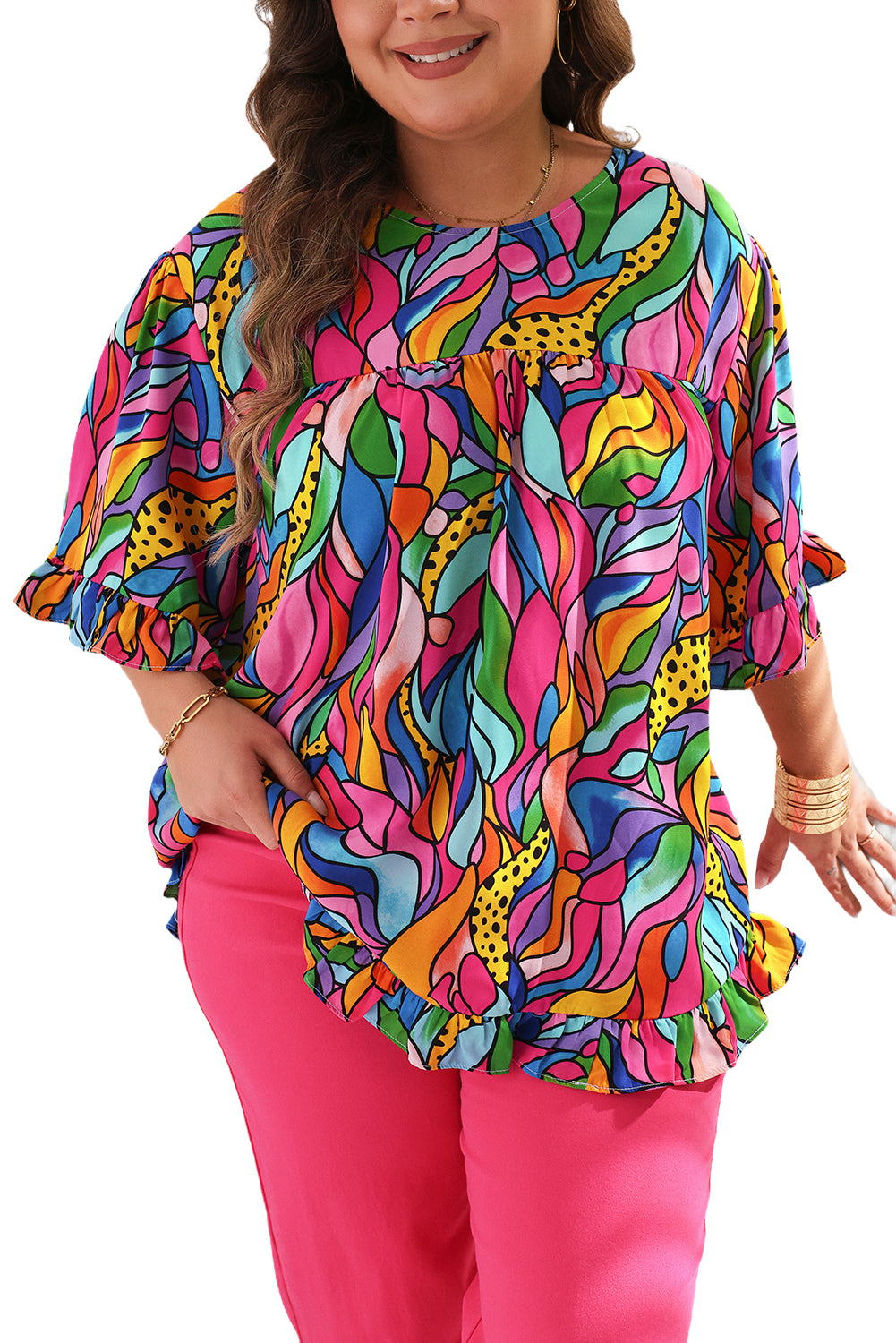 Abstract Print Plus Size Frilly Trim Blouse | Rose