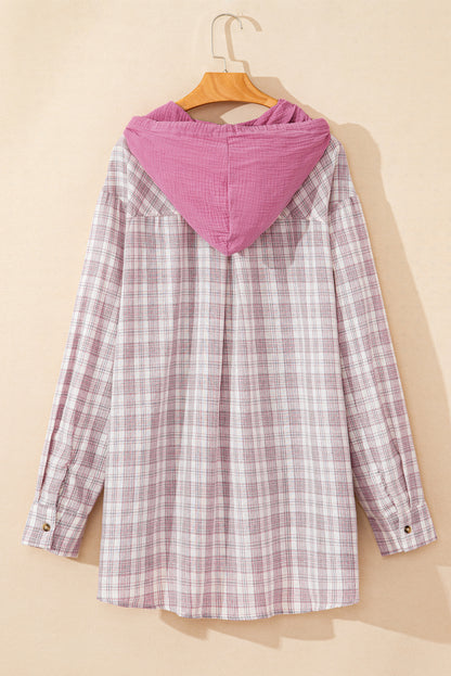 Plaid Print Drawstring Hooded Button-Up Plus Size Shirt | Bonbon