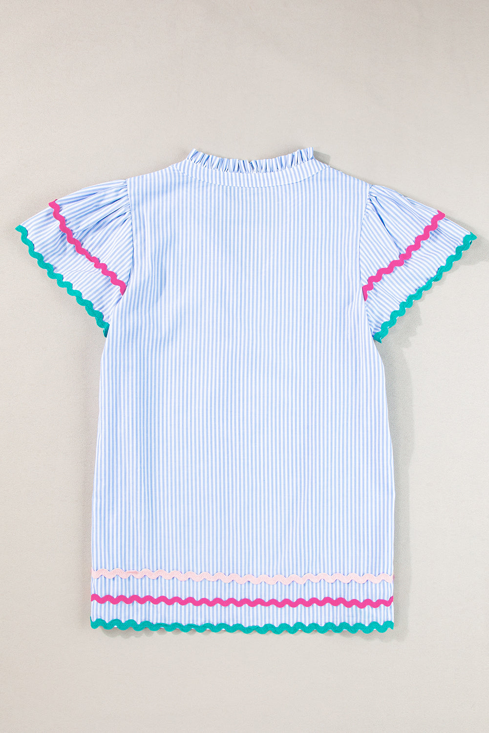 Ricrac Trim Split Neck Striped Ruffled Sleeve Blouse | Sky Blue Stripe