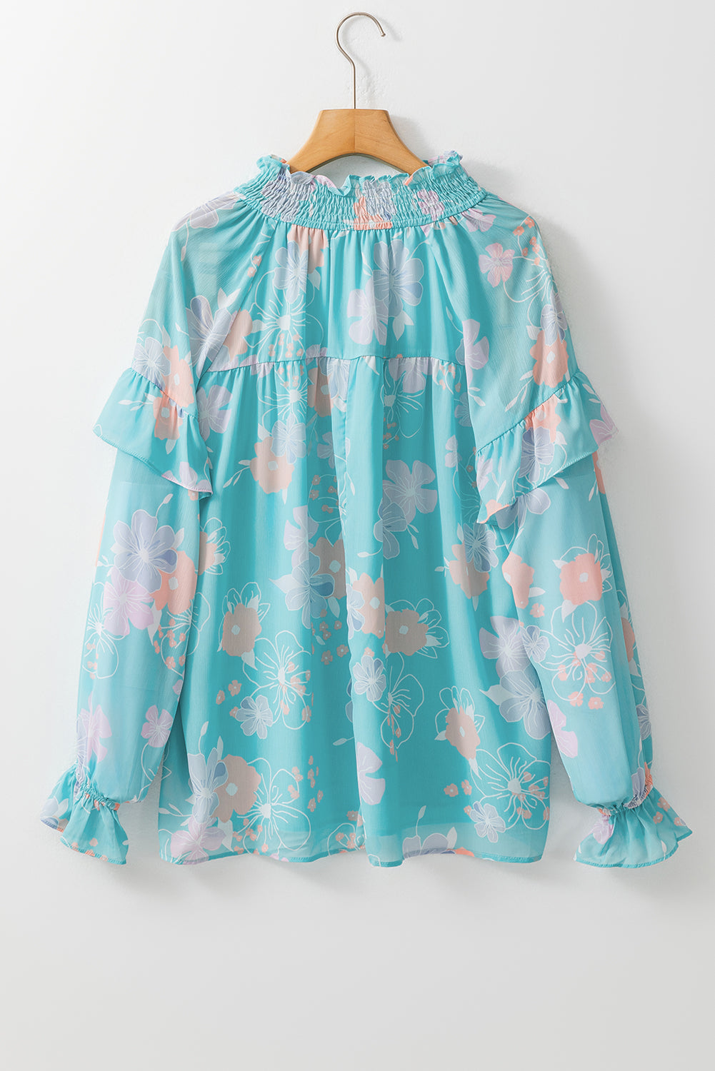 Floral Split Neck Ruffled Puff Sleeve Blouse | Sky Blue