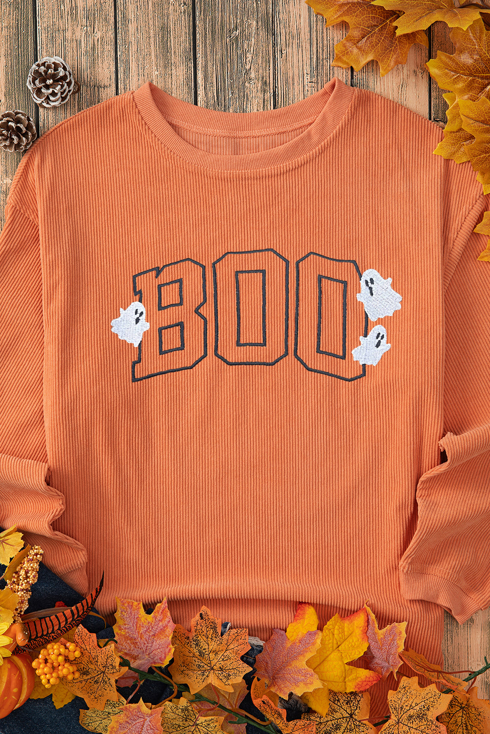 Embroidered Boo Ghost Corded Halloween Sweatshirt | Orange