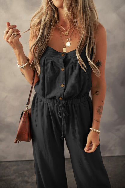 Knotted Straps Button Textured Drawstring Jumpsuit | Black