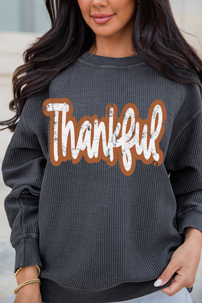 Thankful Printed Drop Shoulder Corded Thanksgiving Sweatshirt | Gray