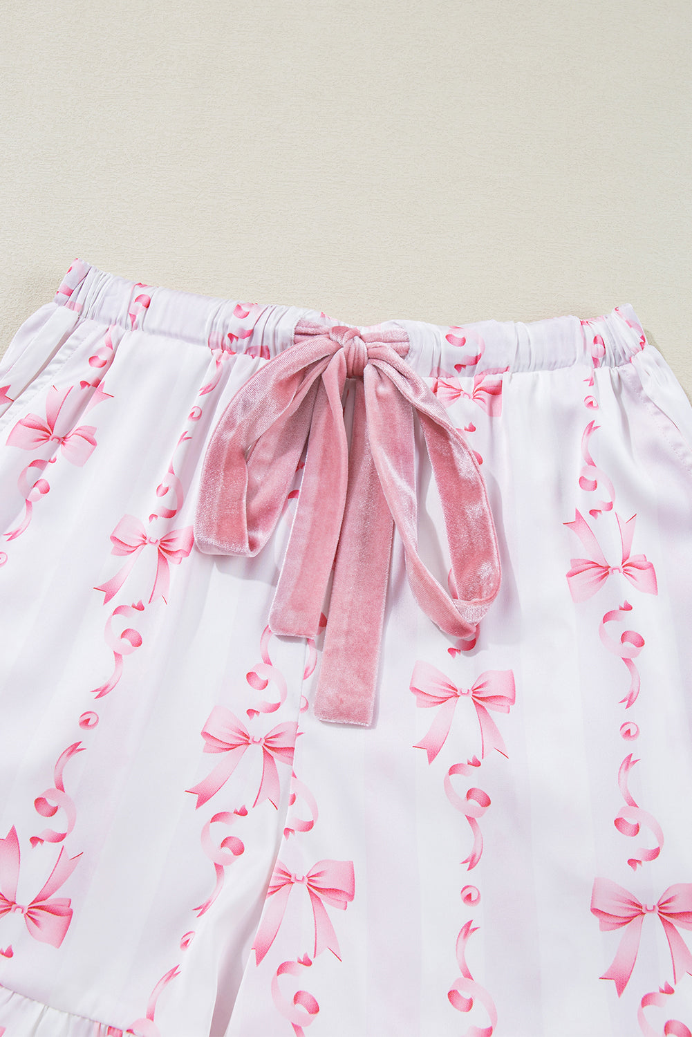 Satin Bow Bell Sleeve Shirt And Ruffled Shorts Pajama Set | Pink