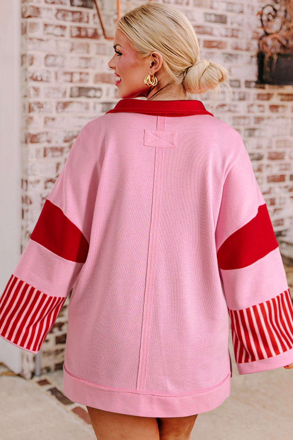 Striped Patchwork Side Split Collared Plus Size Sweatshirt | Rose