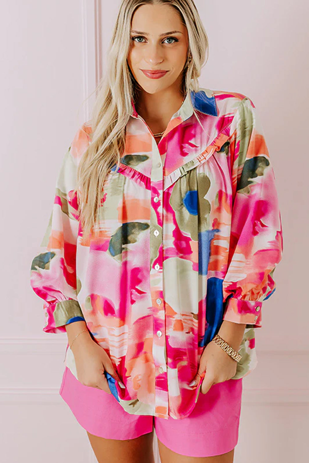 Abstract Print Ruffled Puff Sleeve Shirt | Rose