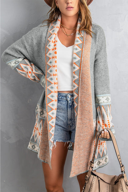 Aztec Print Open Front Knitted Cardigan | Gray