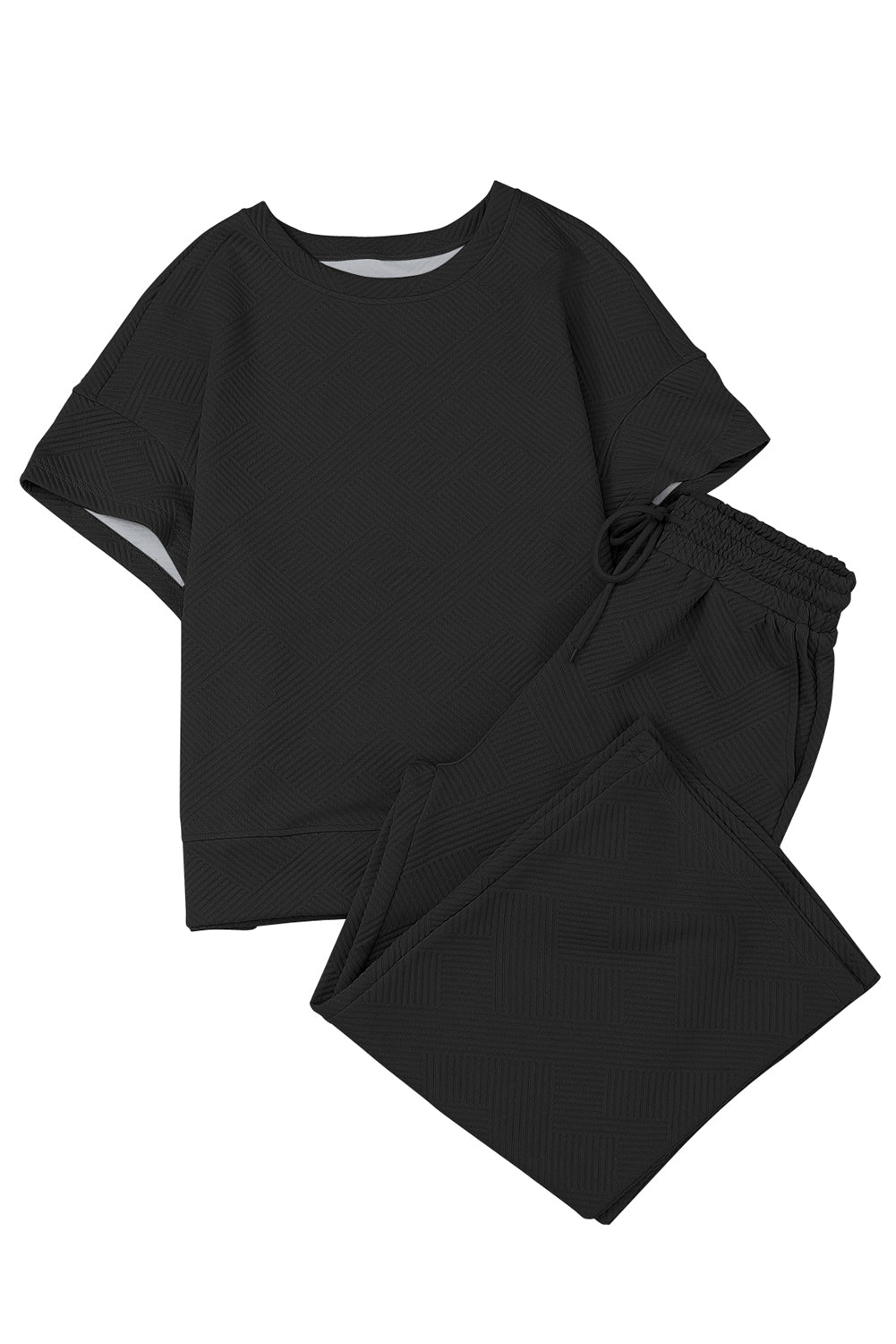 Textured Loose Fit T Shirt And Drawstring Pants Set | Black