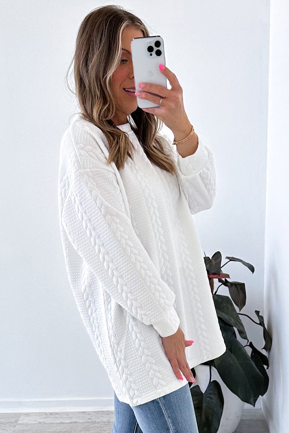 Cable Textured Long Sleeve Round Neck Top | White