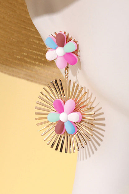 Colourful Flower Gold-Pleated Dangle Earrings | Red