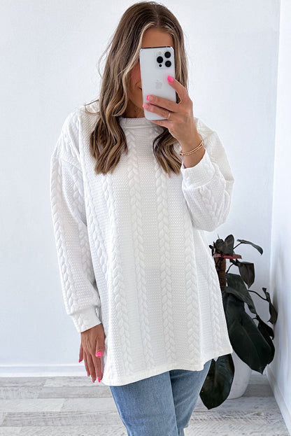 Cable Textured Long Sleeve Round Neck Top | White