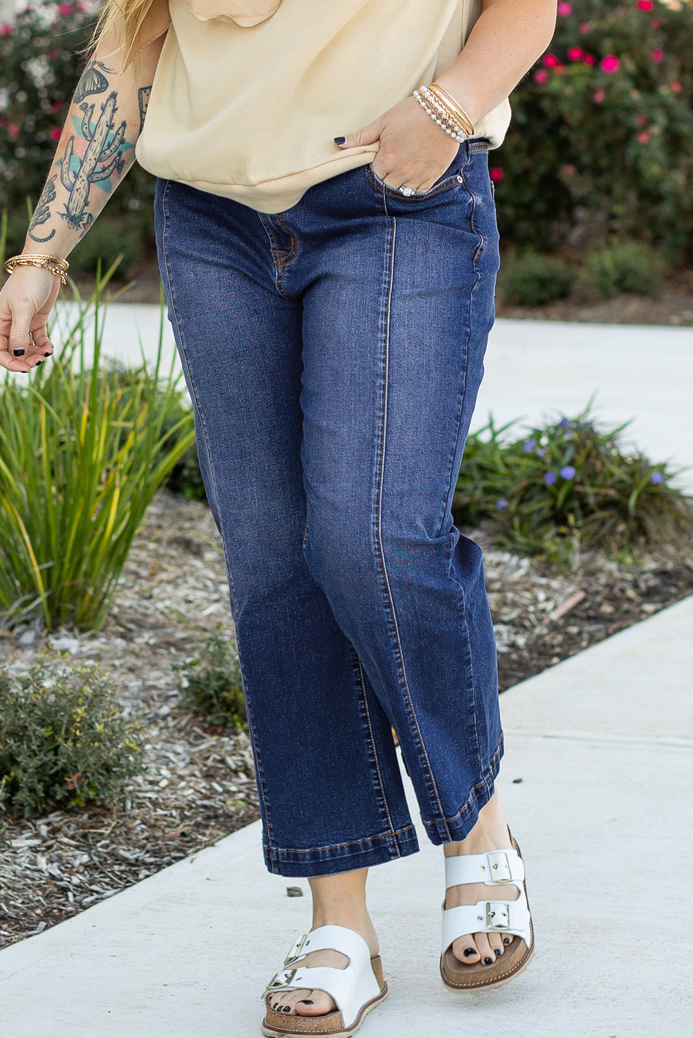 Plus Size Seamed Wide Leg High Waist Jeans | Navy Blue