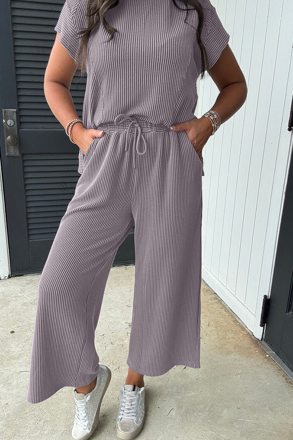 Solid Corded Knit Short Sleeve T Shirt And Wide Leg Pants Set | Wild Wind