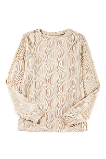 Textured Wavy Round Neck Long Sleeve Top | Apricot