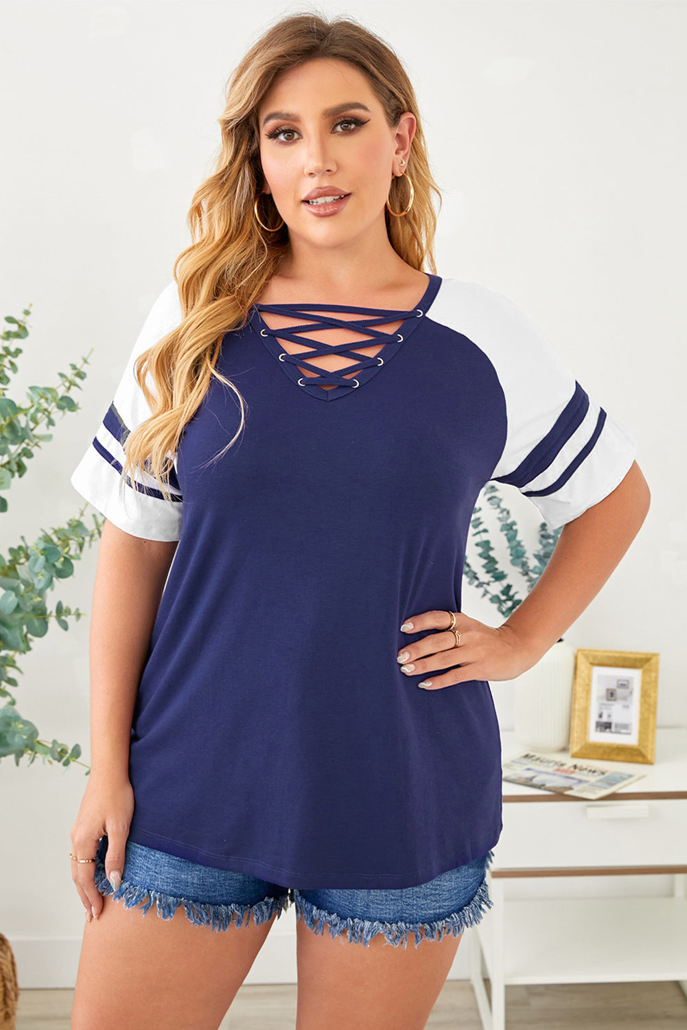 Crisscross V Neck Raglan Sleeve Plus Size Tee | Blue