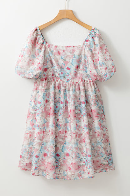 Floral Puff Sleeve Square Neck Smock Ruffled Dress | Pink