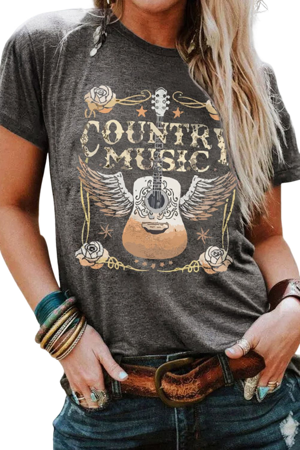 Country Music Guitar Graphic Print Crew Neck T Shirt | Gray