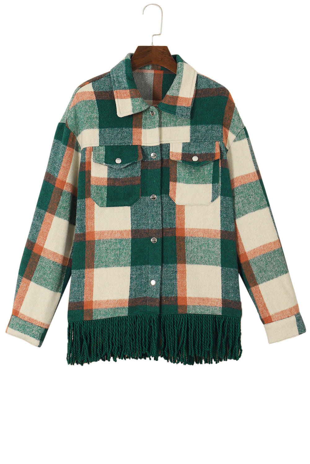 Plaid Snap Button Pocket Fringed Hem Jacket | Sea Green