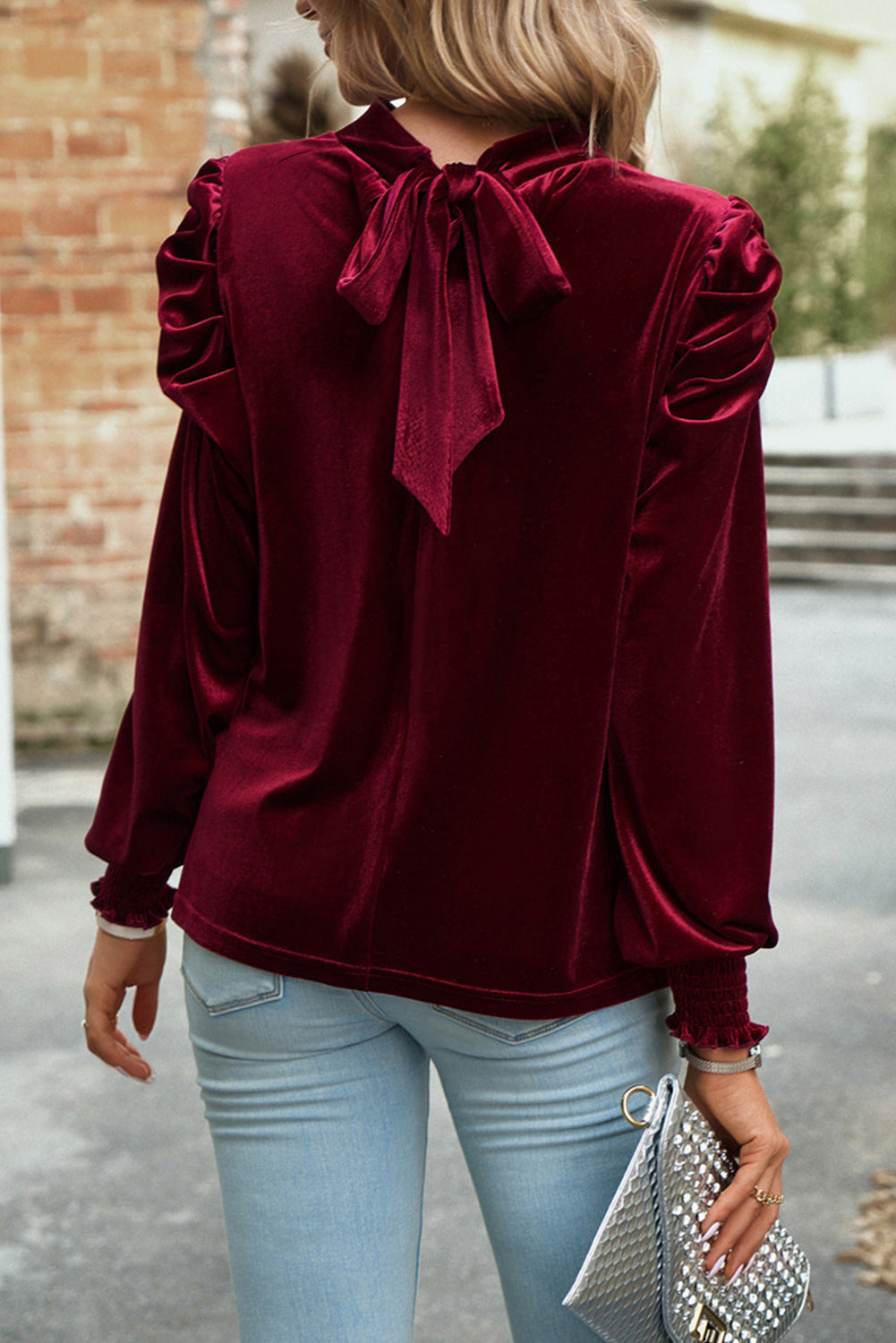 Fiery  Mock Neck Puff Sleeve Velvet Blouse | Red