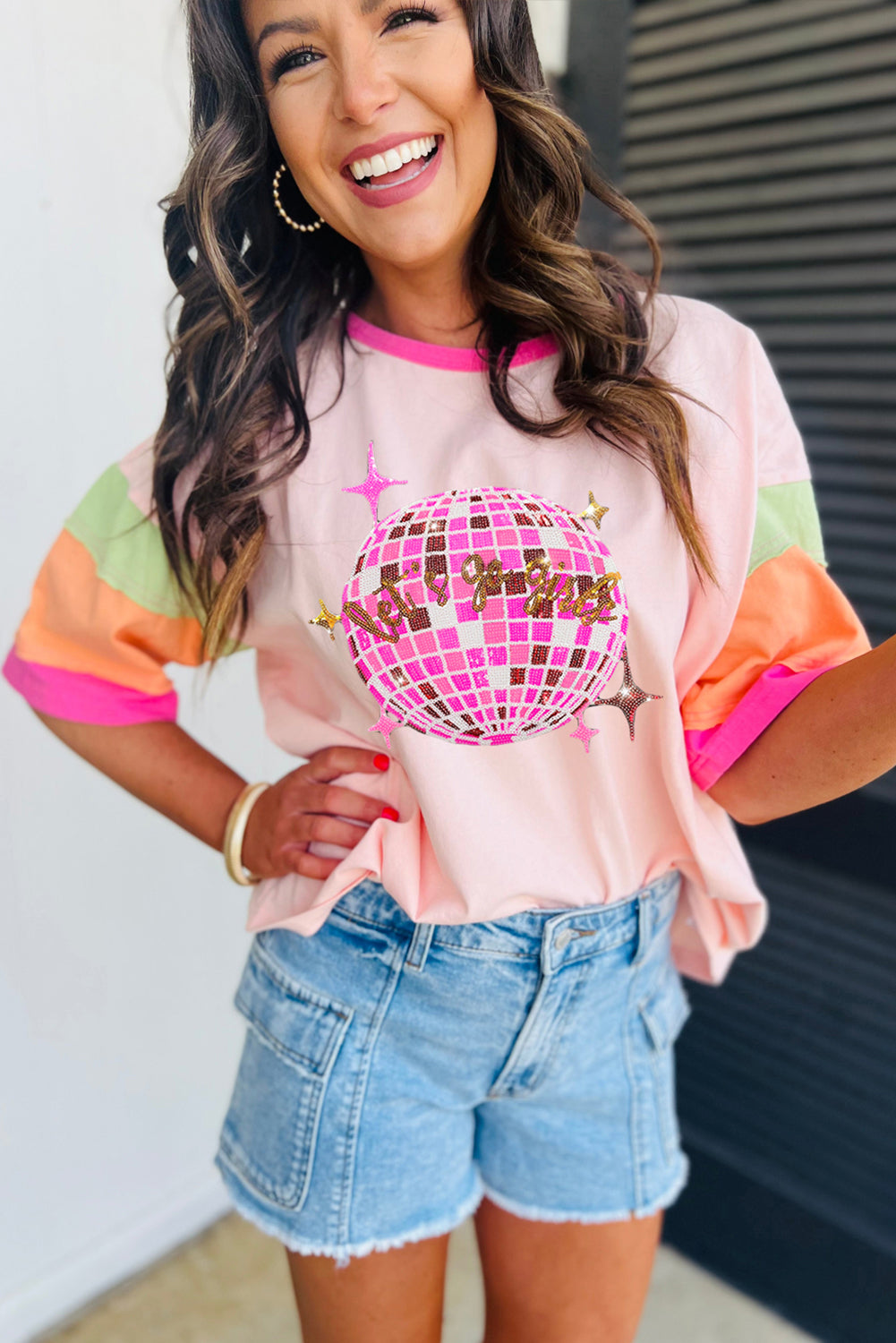 Sequin Disco Ball Colour Block Sleeve Graphic Tee | Pink