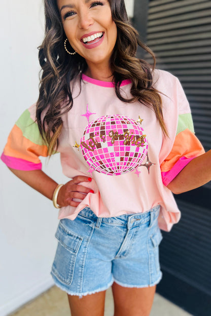 Sequin Disco Ball Colour Block Sleeve Graphic Tee | Pink