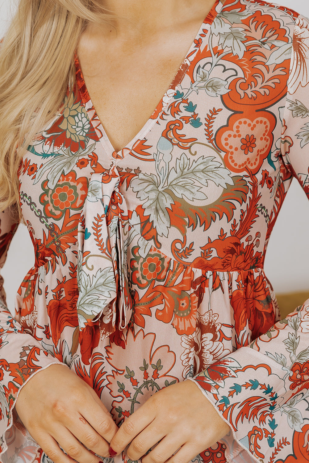 Floral Print Deep V Neck Knot Bell Sleeve Blouse | Orange