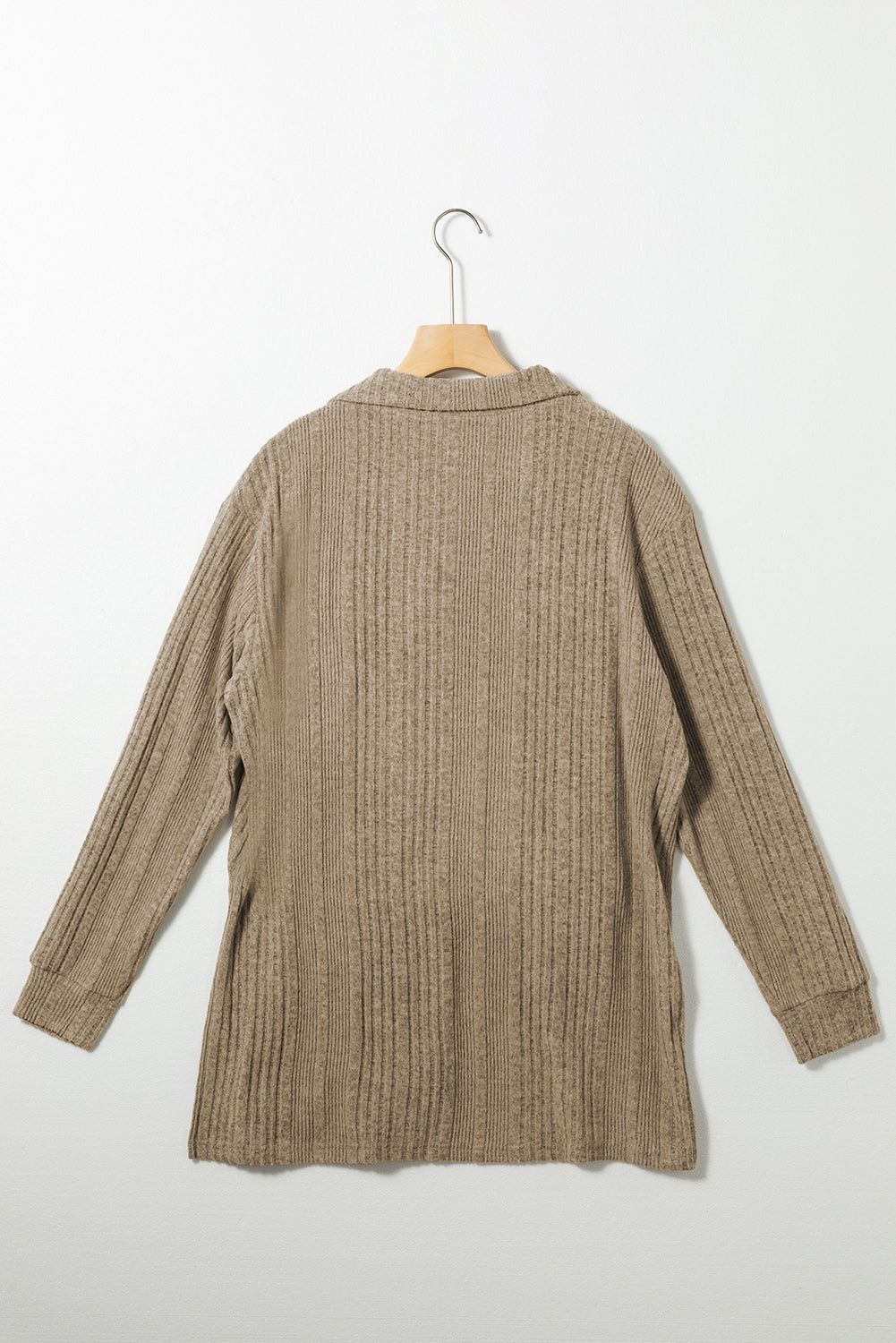 Ribbed Knit V Neck Collared Split Hem Tunic | Apricot