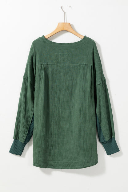 Textured Waffle Knit Patchwork Buttoned Neck Loose Blouse | Green