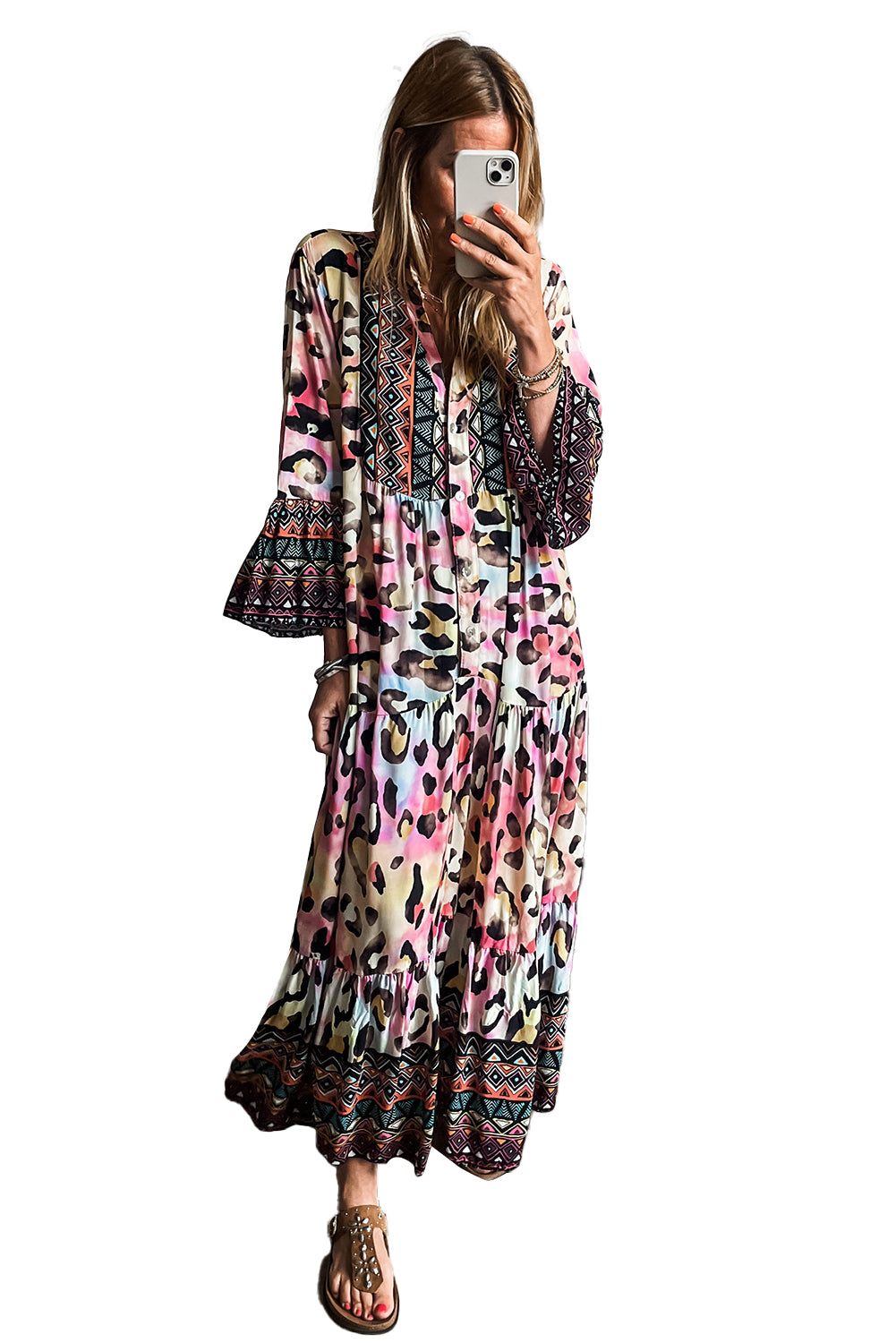 Western Leopard Printed 3/4 Sleeve Buttoned Front Tiered Maxi Dress | Pink