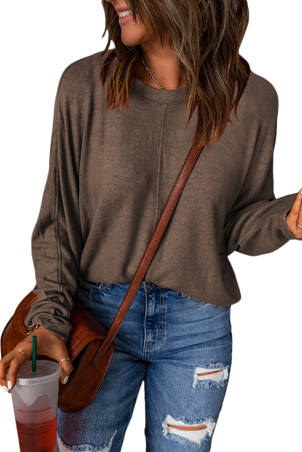 Fiery Solid Colour Patchwork Long Sleeve Top | Brown