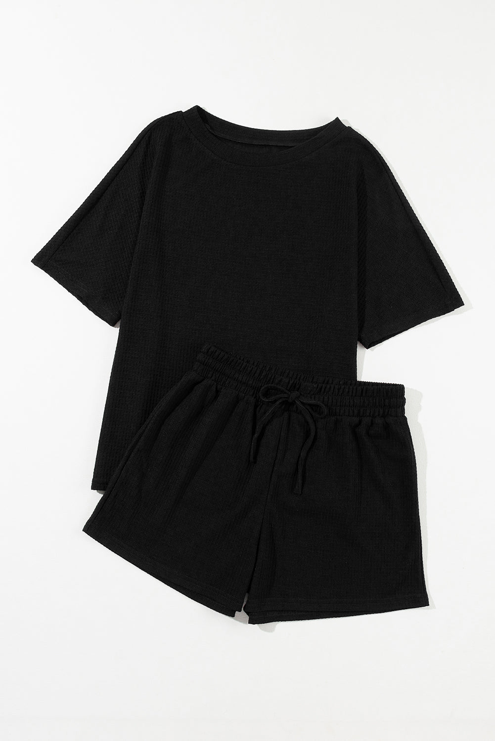 Casual Textured Tee And Drawstring Shorts Set | Black