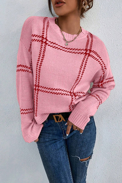 Plaid Pattern Knitted Drop Shoulder Sweater | Pink