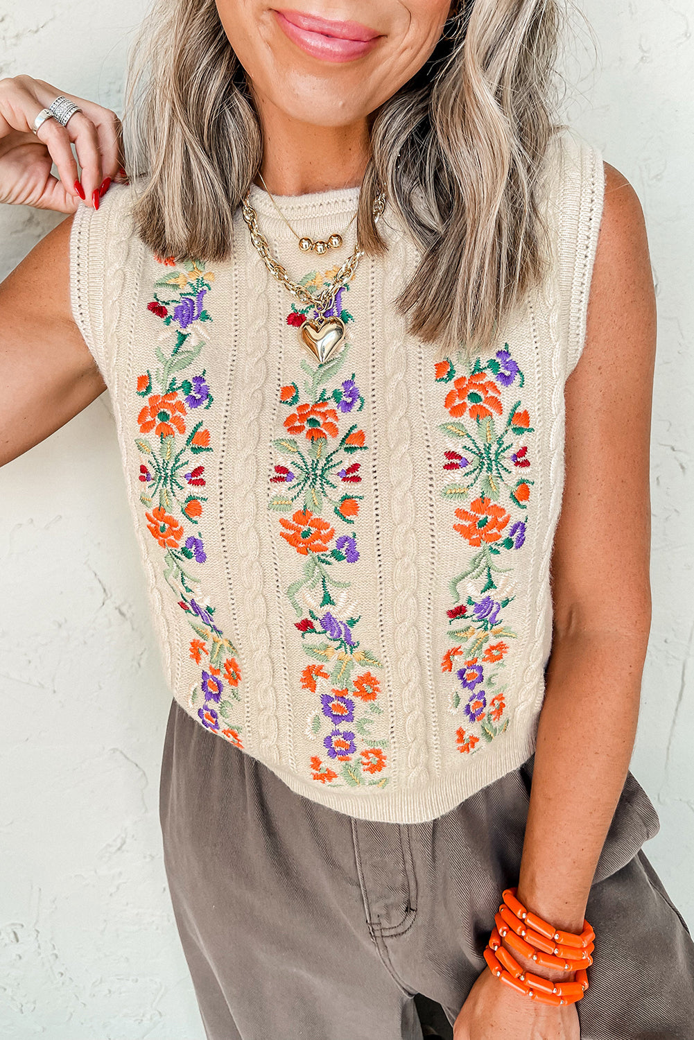 Embroidered Floral Cable Knit Sweater Vest | Jet Stream