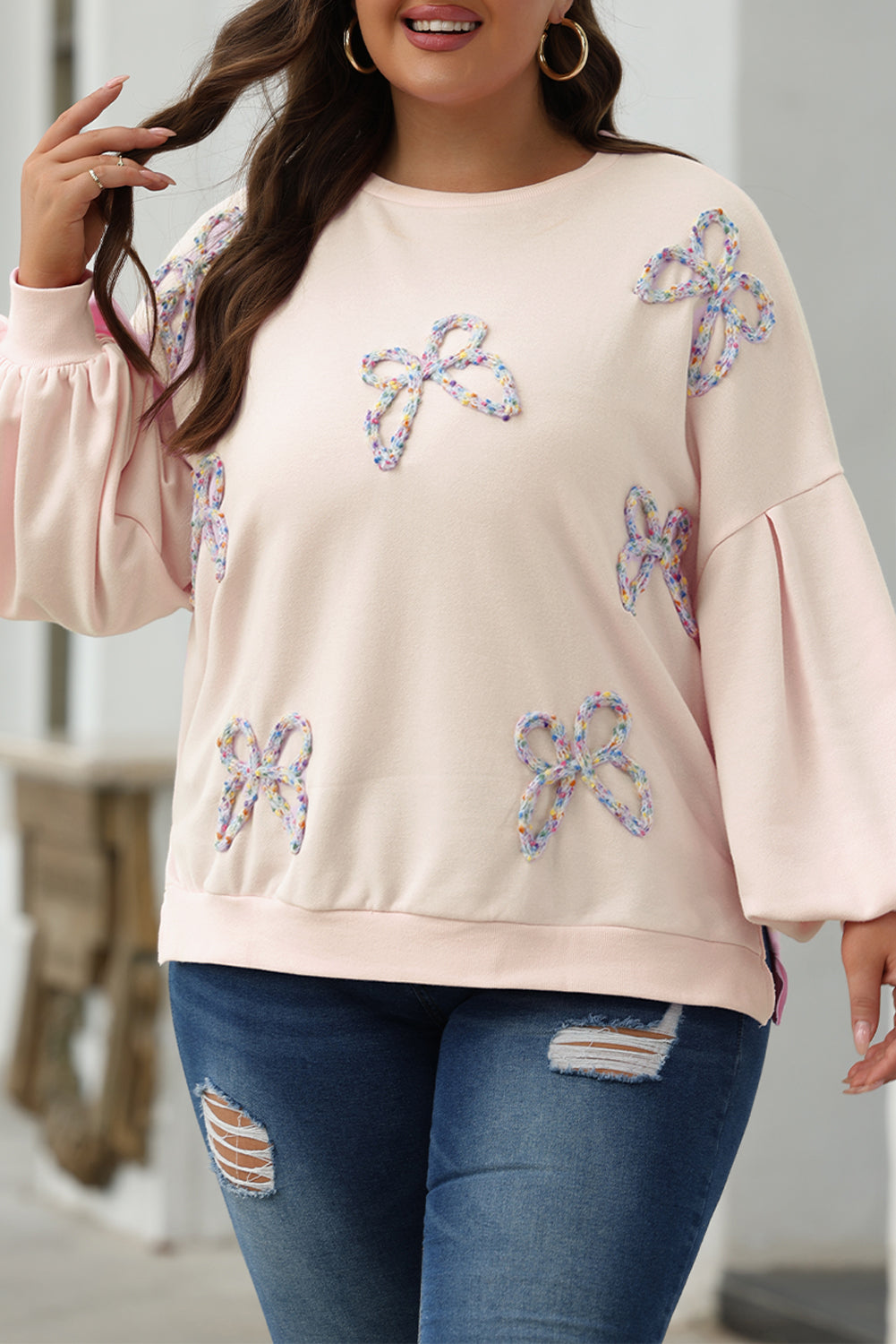 Embroidered Bow Lantern Sleeve Oversized Pullover Sweatshirt | Parchment