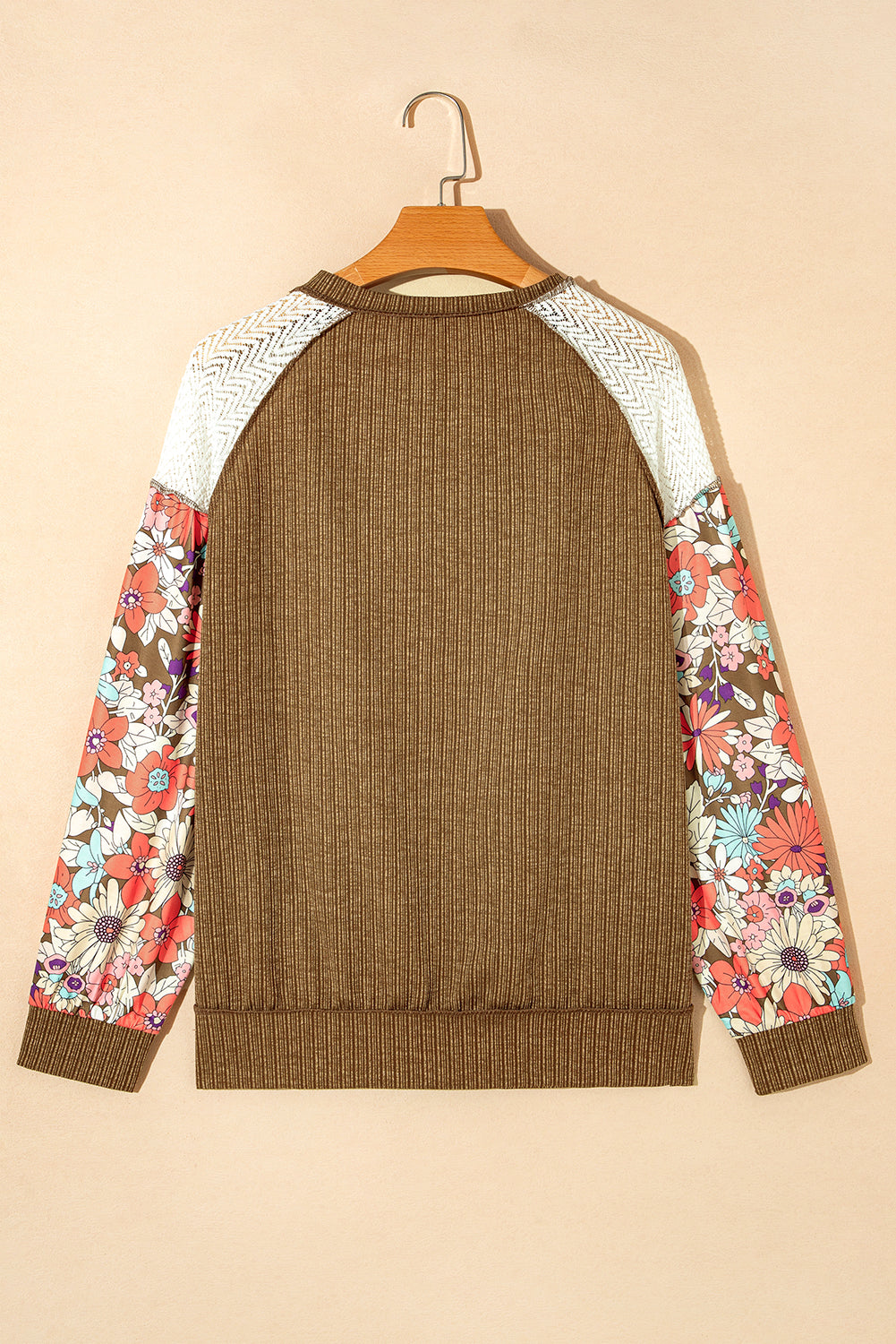 Floral Patchwork Puff Sleeve Textured Blouse | Brown