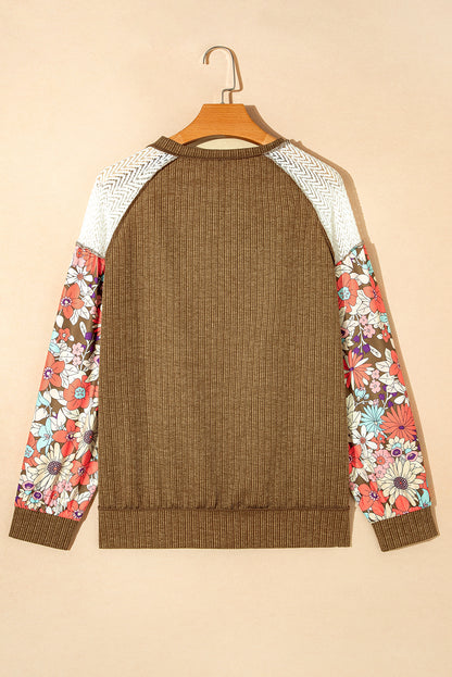 Floral Patchwork Puff Sleeve Textured Blouse | Brown