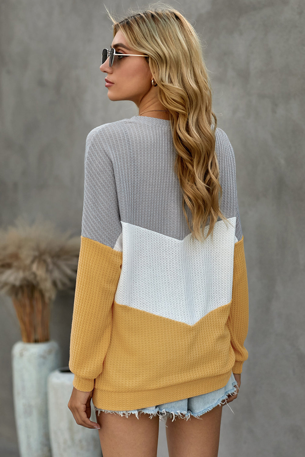 Chevron Waffle Colourblock Pullover Sweatshirt | Yellow