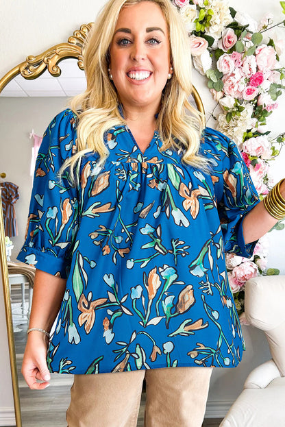 Floral Notched V Neck Half Sleeve Plus Size Blouse | Blue