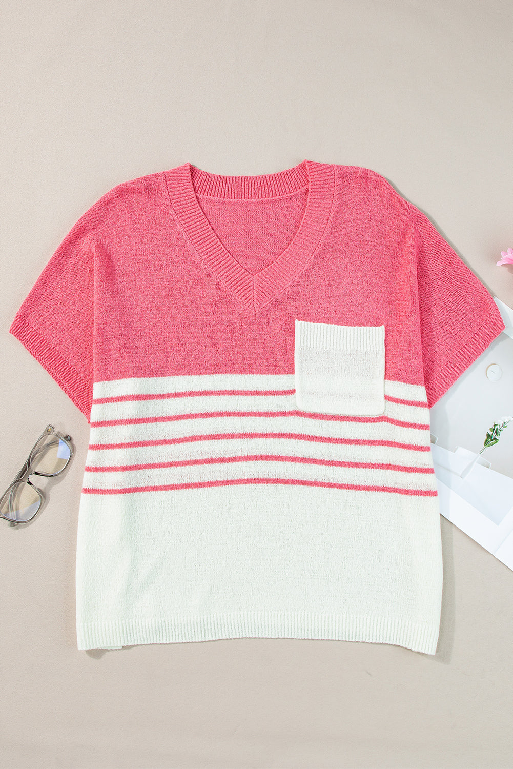 Contrast Stripes V Neck Knitted Short Sleeve Top | Strawberry Pink